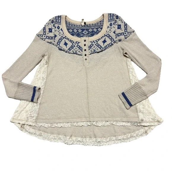 Free People Henley Shirt XS Cabin In Woods Cream Knit Lace Waffle Boho Fair Isle - Picture 4 of 11